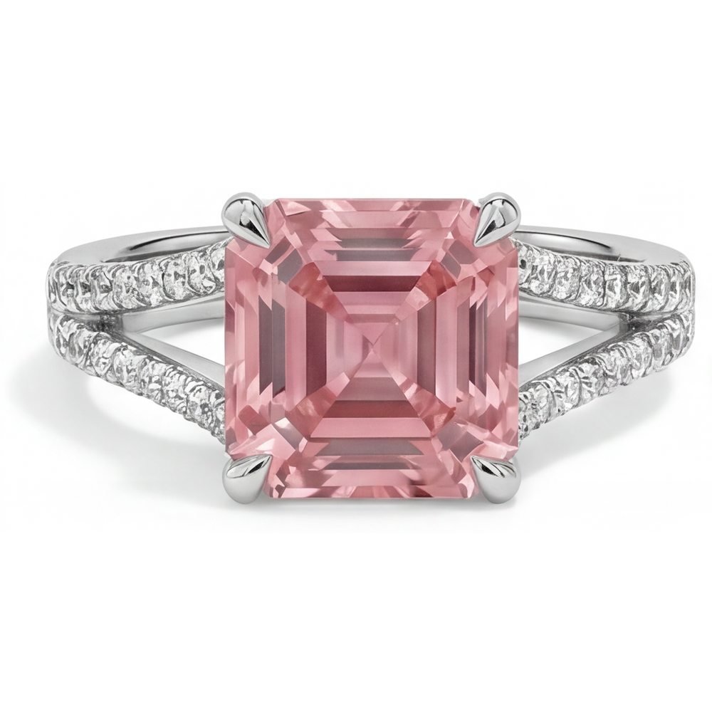 Asscher Padparadscha and White Diamond Pave Ring Natural 14K White Gold