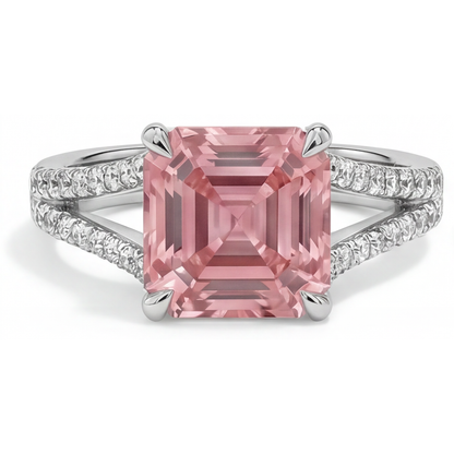 Asscher Padparadscha and White Diamond Pave Ring Natural 14K White Gold