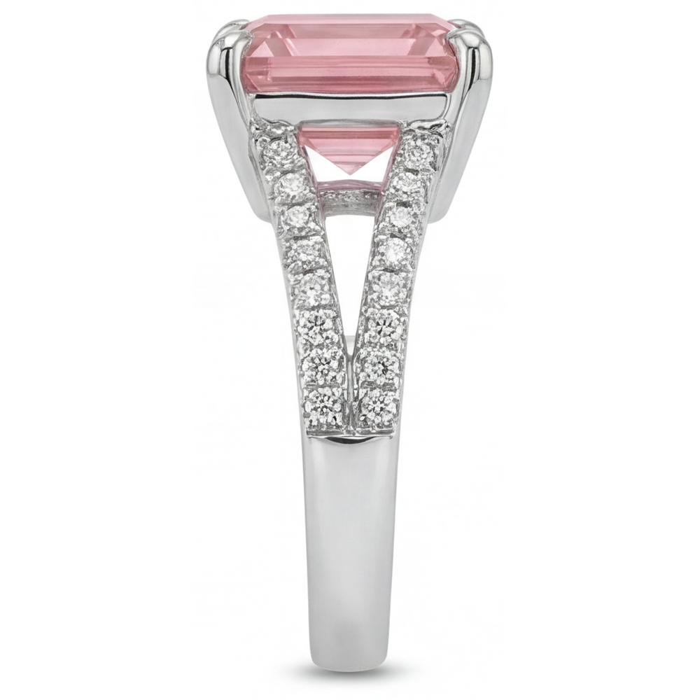 Asscher Padparadscha and White Diamond Pave Ring Natural 14K White Gold