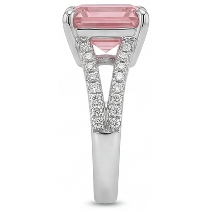 Asscher Padparadscha and White Diamond Pave Ring Natural 14K White Gold