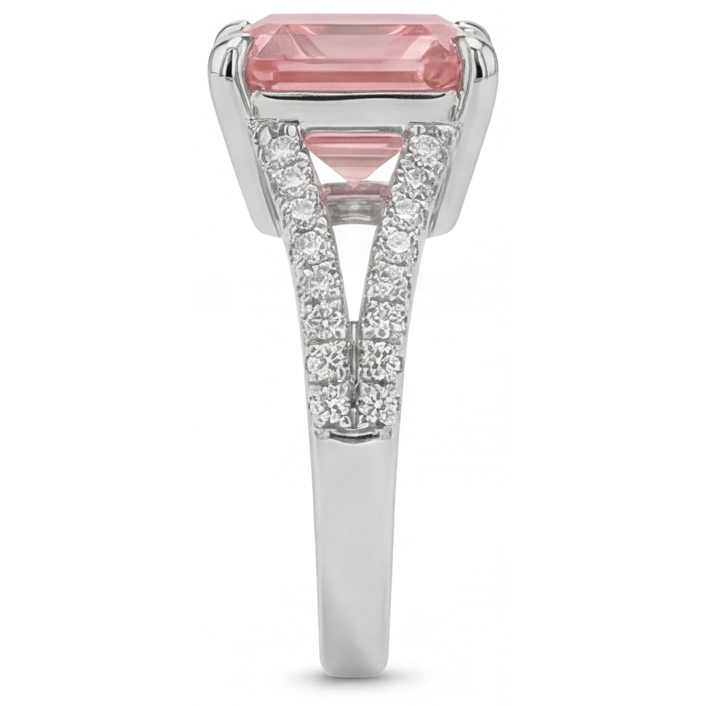 Asscher Padparadscha and White Diamond Pave Ring Natural 14K White Gold