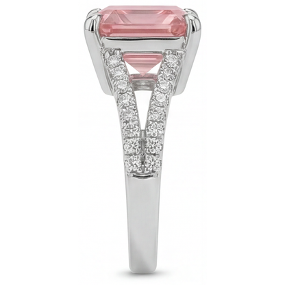 Asscher Padparadscha and White Diamond Pave Ring Natural 14K White Gold