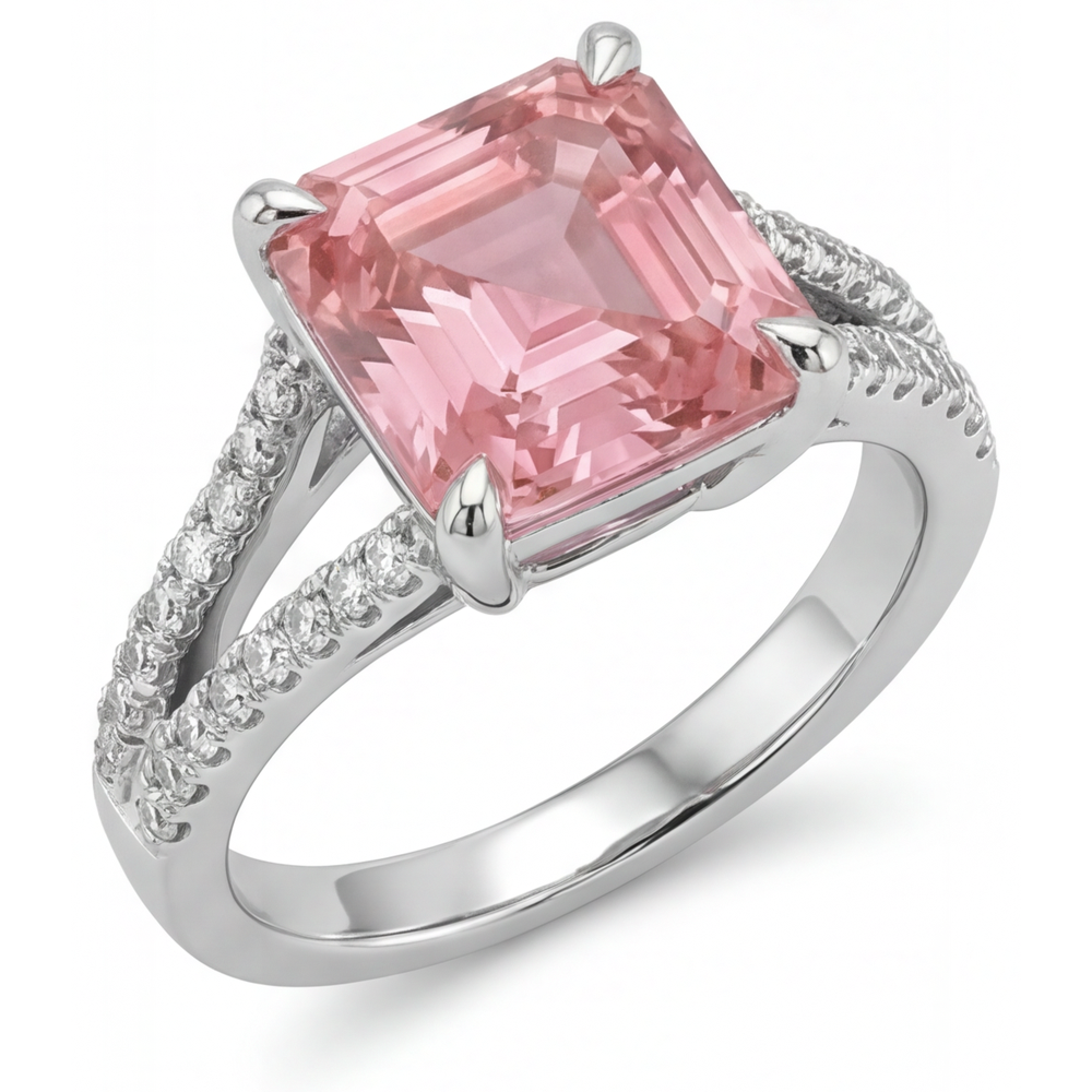 Asscher Padparadscha and White Diamond Pave Ring Natural 14K White Gold