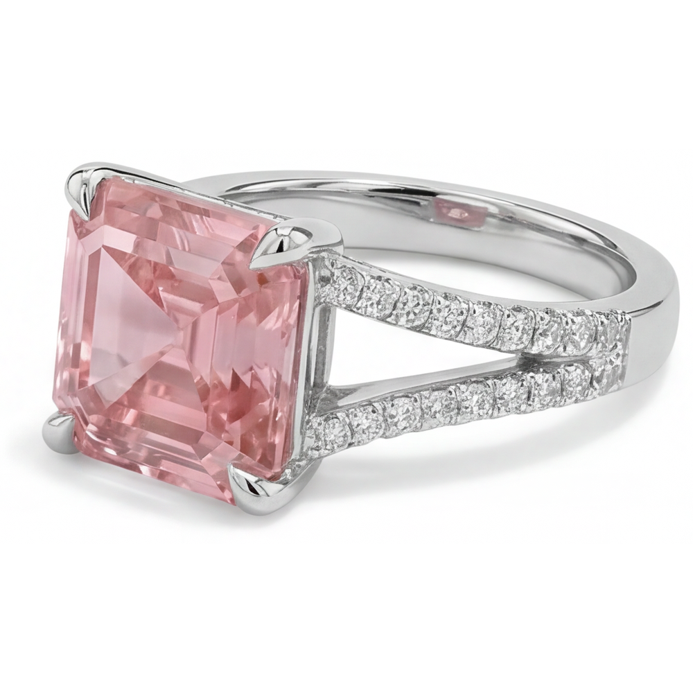 Asscher Padparadscha and White Diamond Pave Ring Natural 14K White Gold