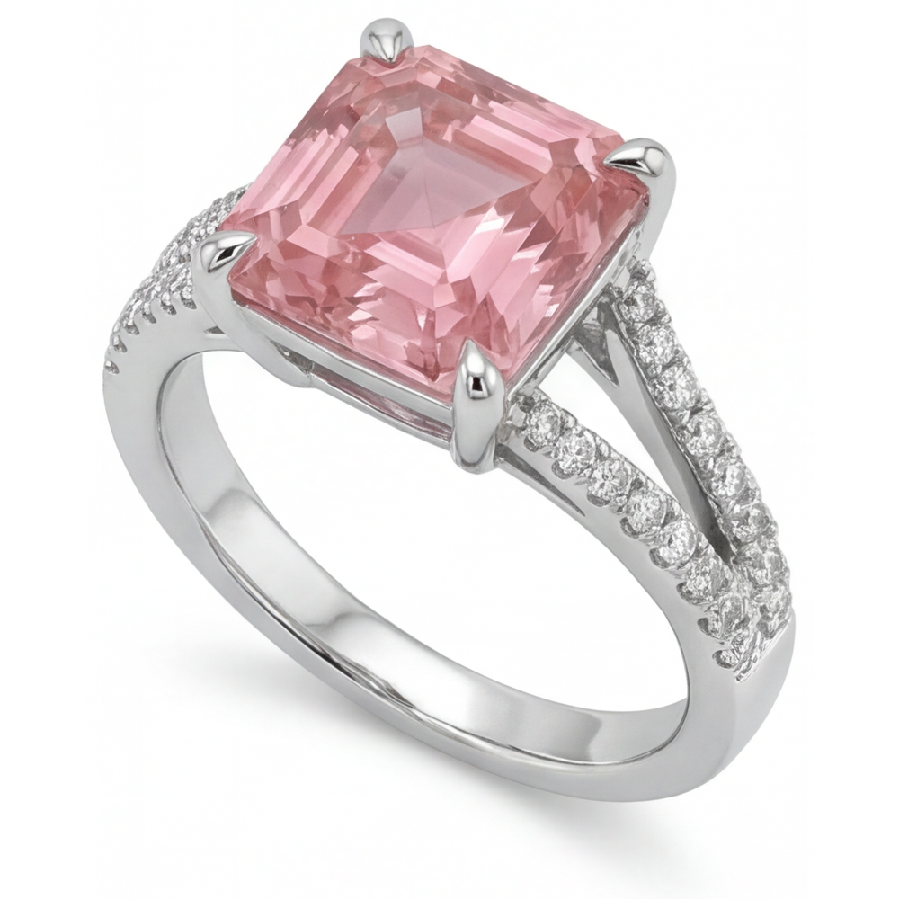 Asscher Padparadscha and White Diamond Pave Ring Natural 14K White Gold