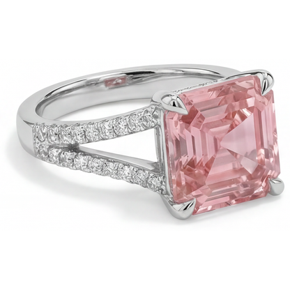 Asscher Padparadscha and White Diamond Pave Ring Natural 14K White Gold