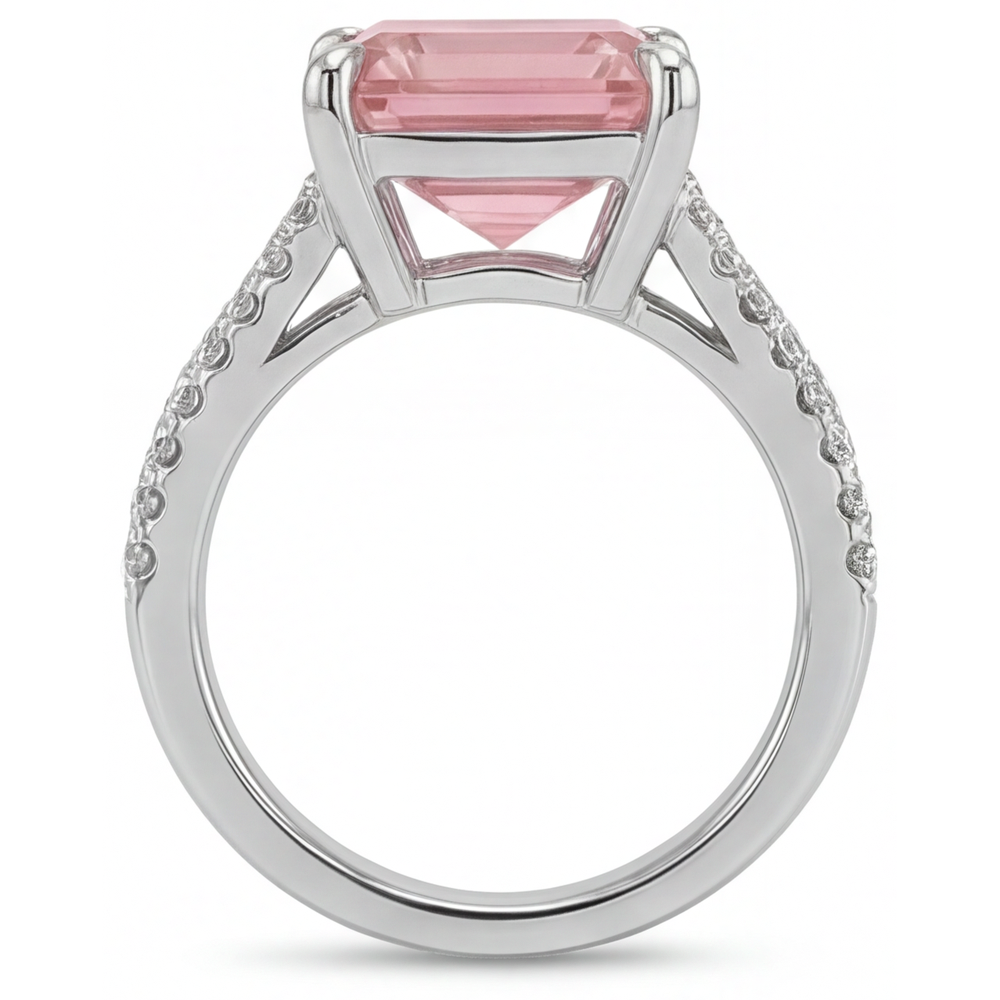 Asscher Padparadscha and White Diamond Pave Ring Natural 14K White Gold