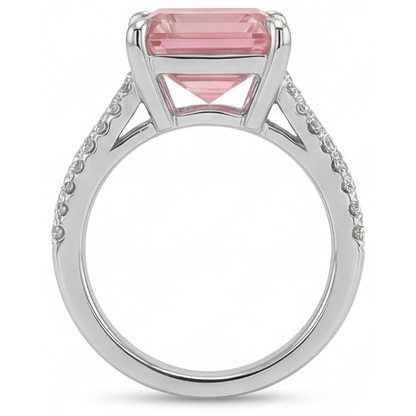Asscher Padparadscha and White Diamond Pave Ring Natural 14K White Gold