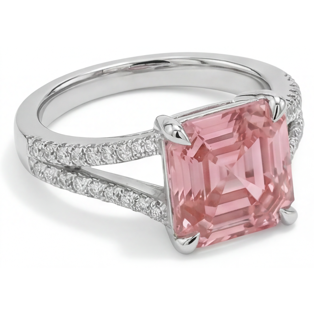 Asscher Padparadscha and White Diamond Pave Ring Natural 14K White Gold