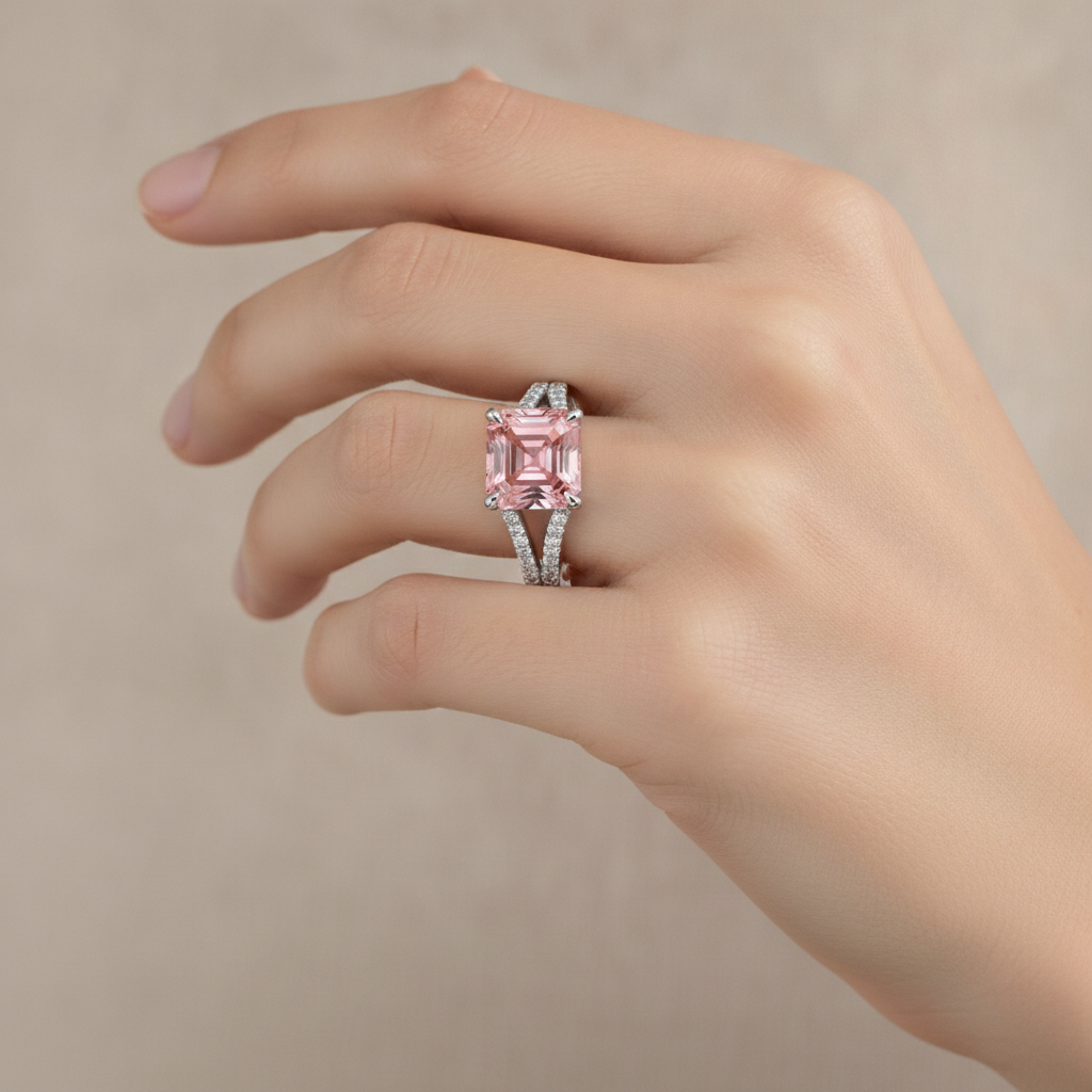Asscher Padparadscha and White Diamond Pave Ring Natural 14K White Gold