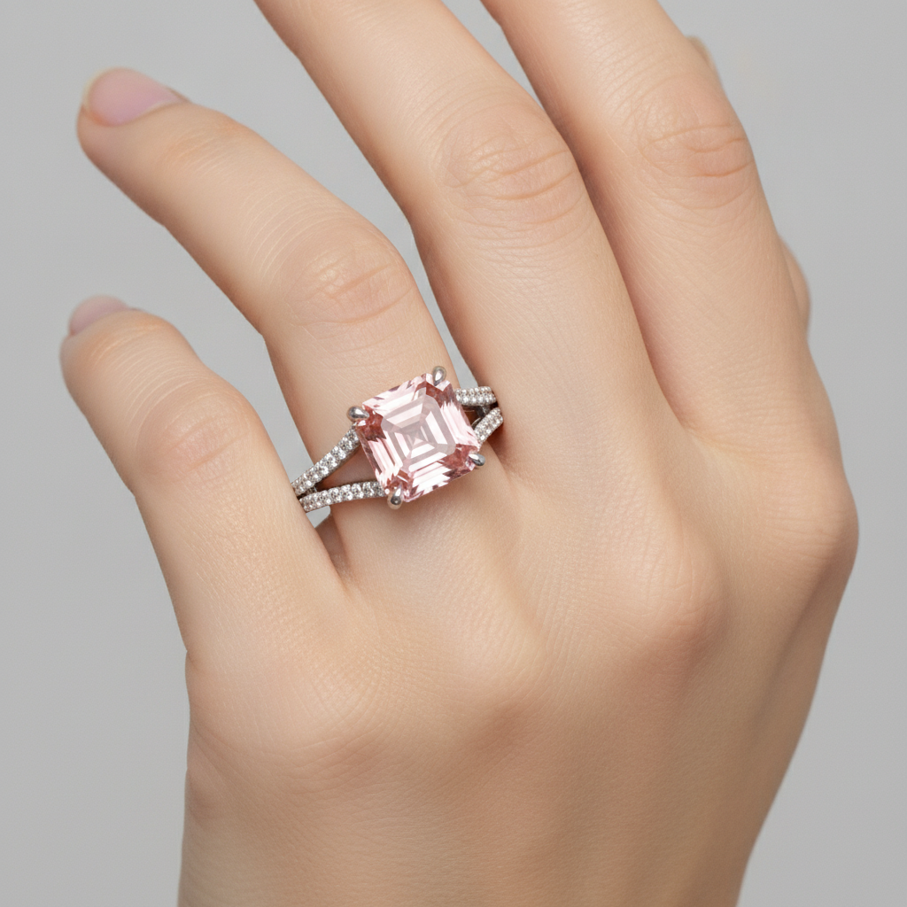 Asscher Padparadscha and White Diamond Pave Ring Natural 14K White Gold