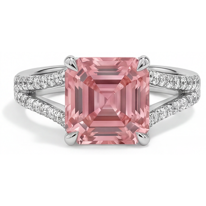 Asscher Padparadscha and White Diamond Pave Ring Natural 14K White Gold