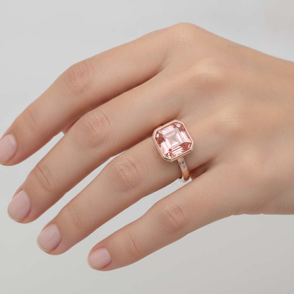Asscher Padparadscha Bezel Solitaire Ring Natural 14K Rose Gold