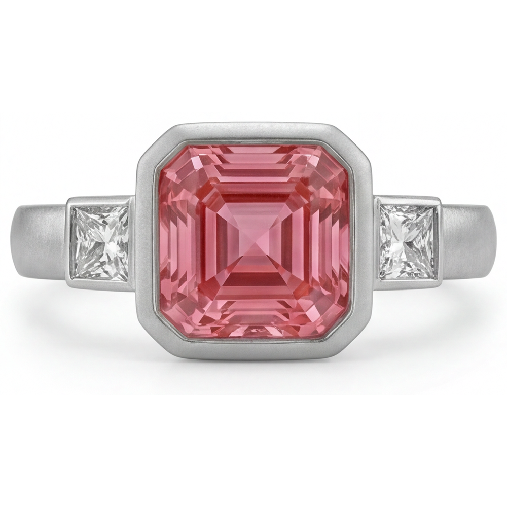 Asscher Padparadscha Bezel Three Stone Ring Natural 14K White Gold