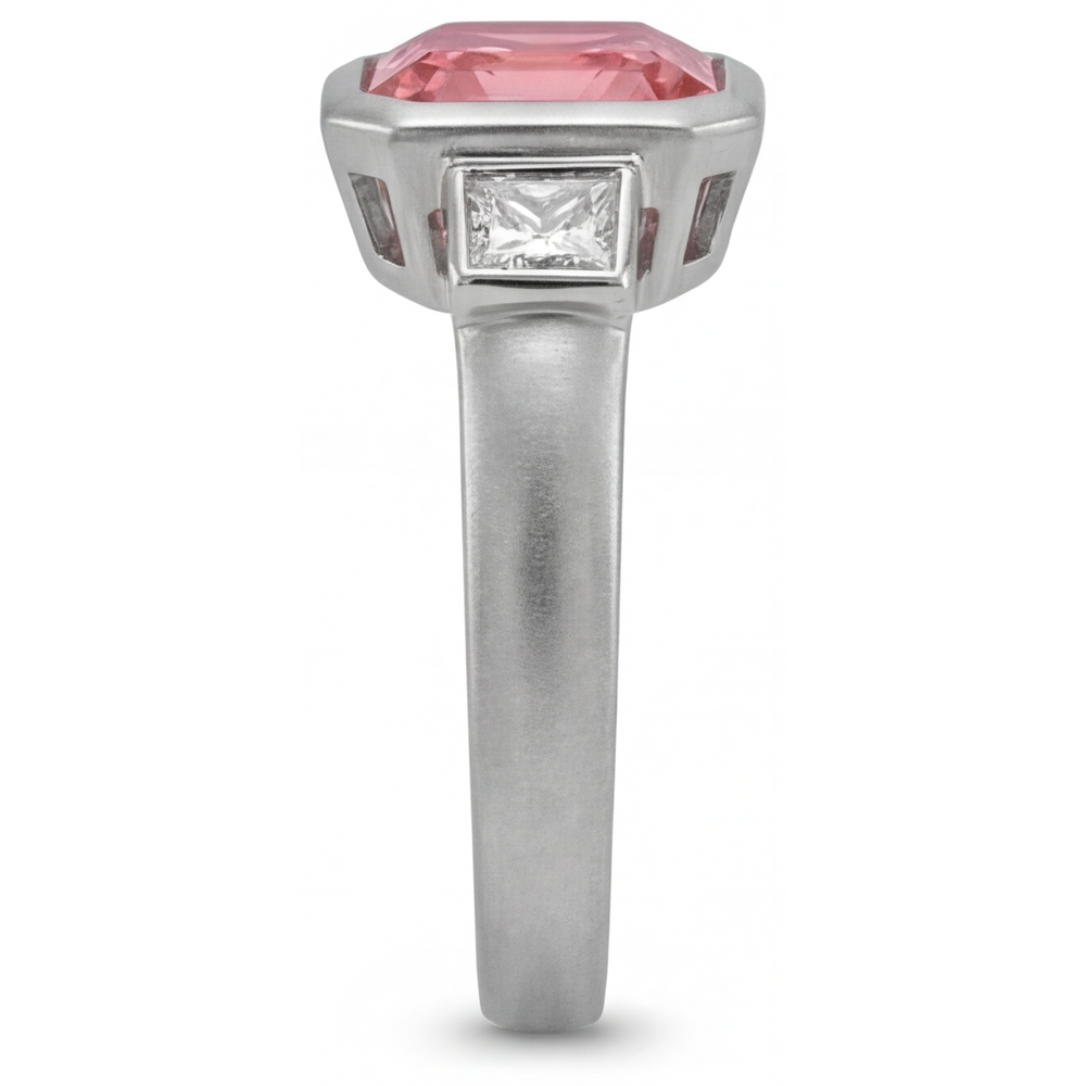 Asscher Padparadscha Bezel Three Stone Ring Natural 14K White Gold