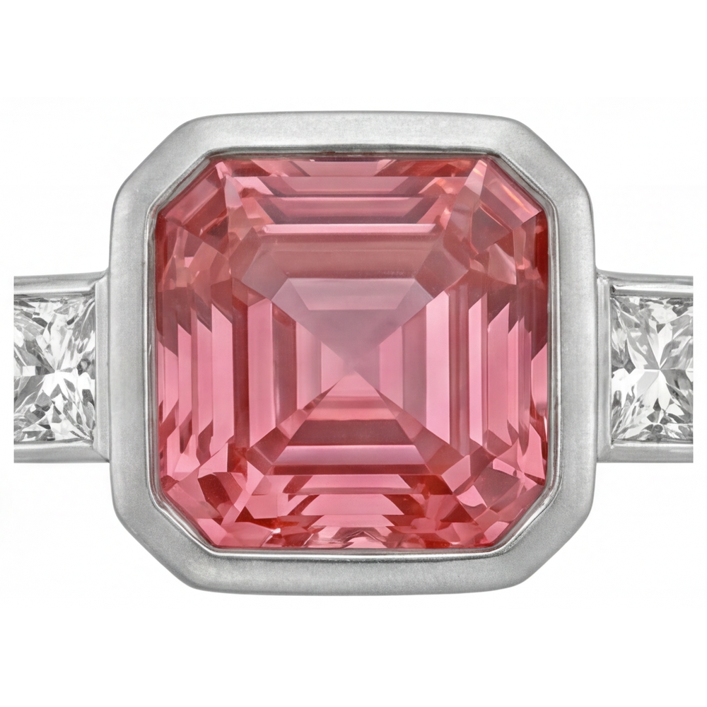 Asscher Padparadscha Bezel Three Stone Ring Natural 14K White Gold