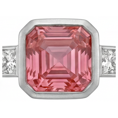 Asscher Padparadscha Bezel Three Stone Ring Natural 14K White Gold