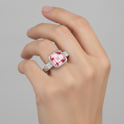 Asscher Padparadscha Bezel Three Stone Ring Natural 14K White Gold