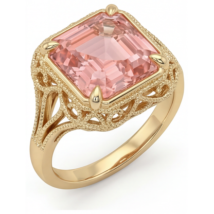 Asscher Padparadscha Solitaire Ring Natural 14K Yellow Gold