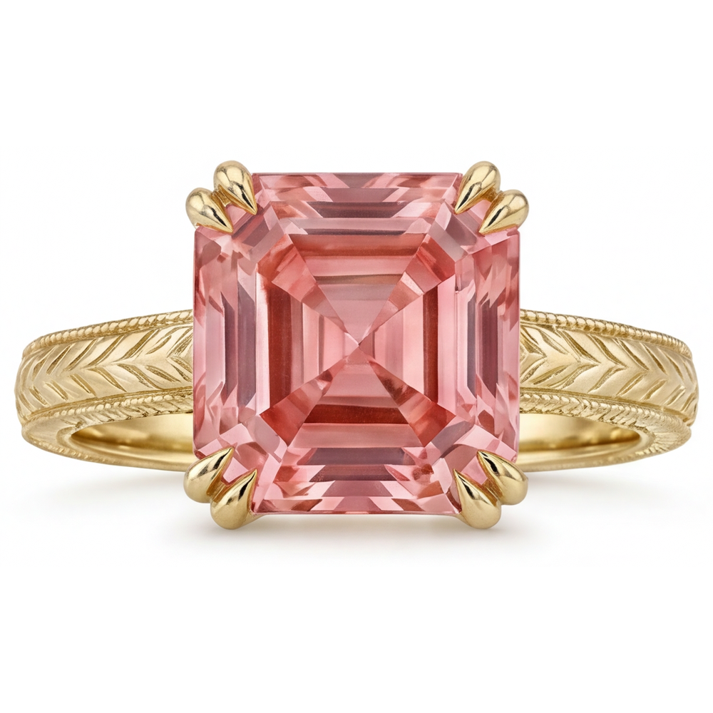Asscher Padparadscha Solitaire Ring Natural 14K Yellow Gold