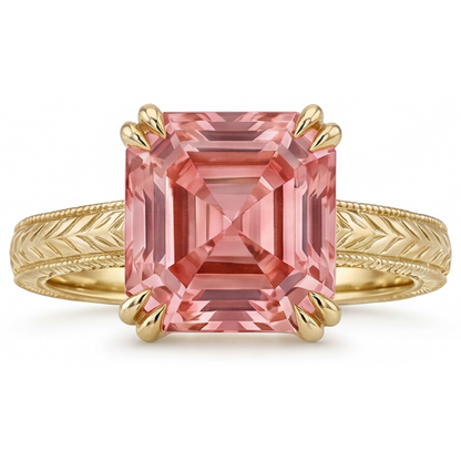 Asscher Padparadscha Solitaire Ring Natural 14K Yellow Gold