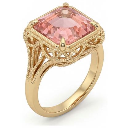 Asscher Padparadscha Solitaire Ring Natural 14K Yellow Gold