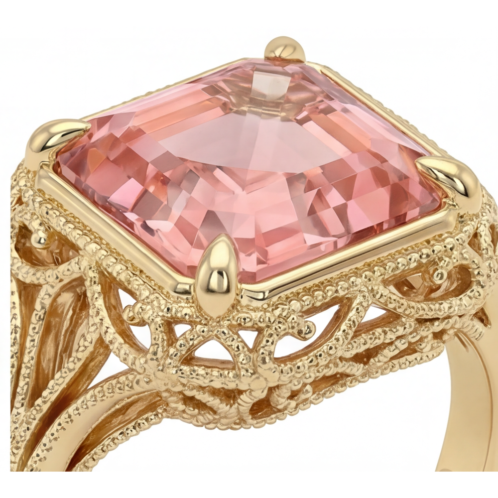 Asscher Padparadscha Solitaire Ring Natural 14K Yellow Gold