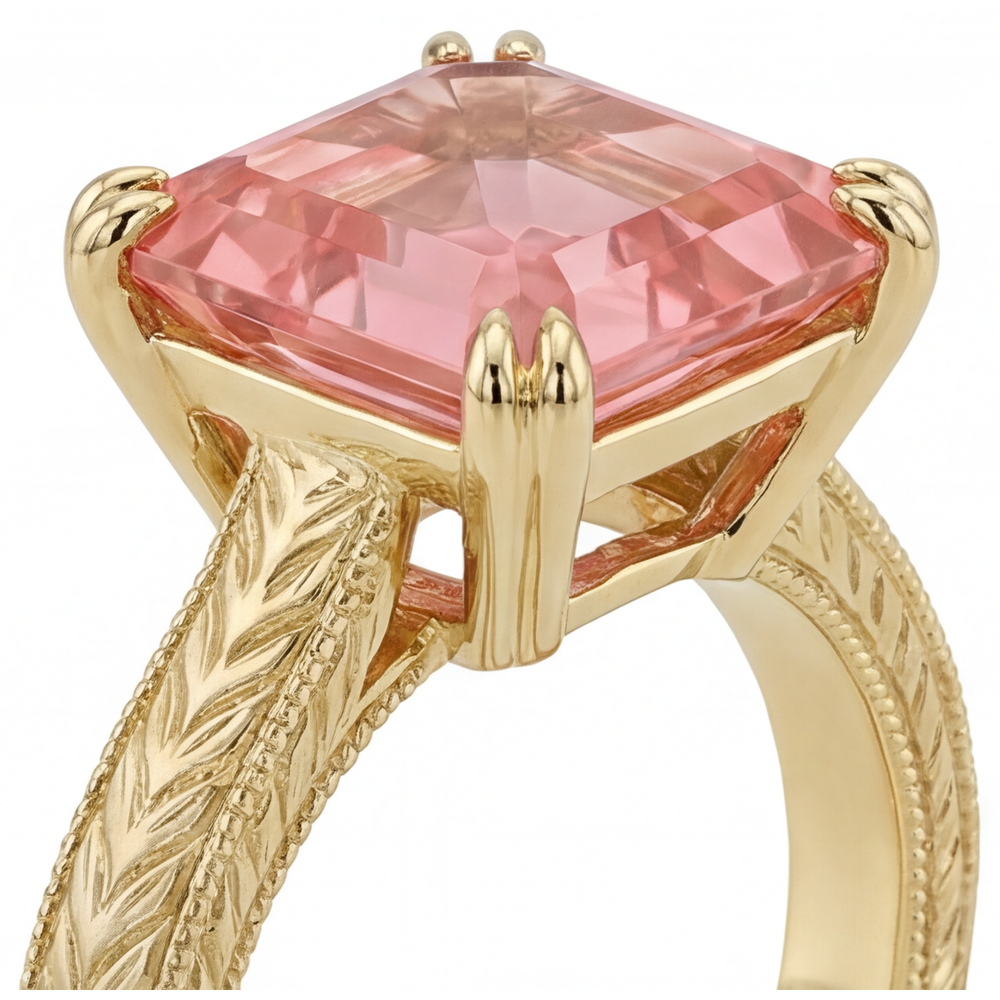 Asscher Padparadscha Solitaire Ring Natural 14K Yellow Gold