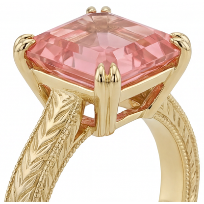 Asscher Padparadscha Solitaire Ring Natural 14K Yellow Gold