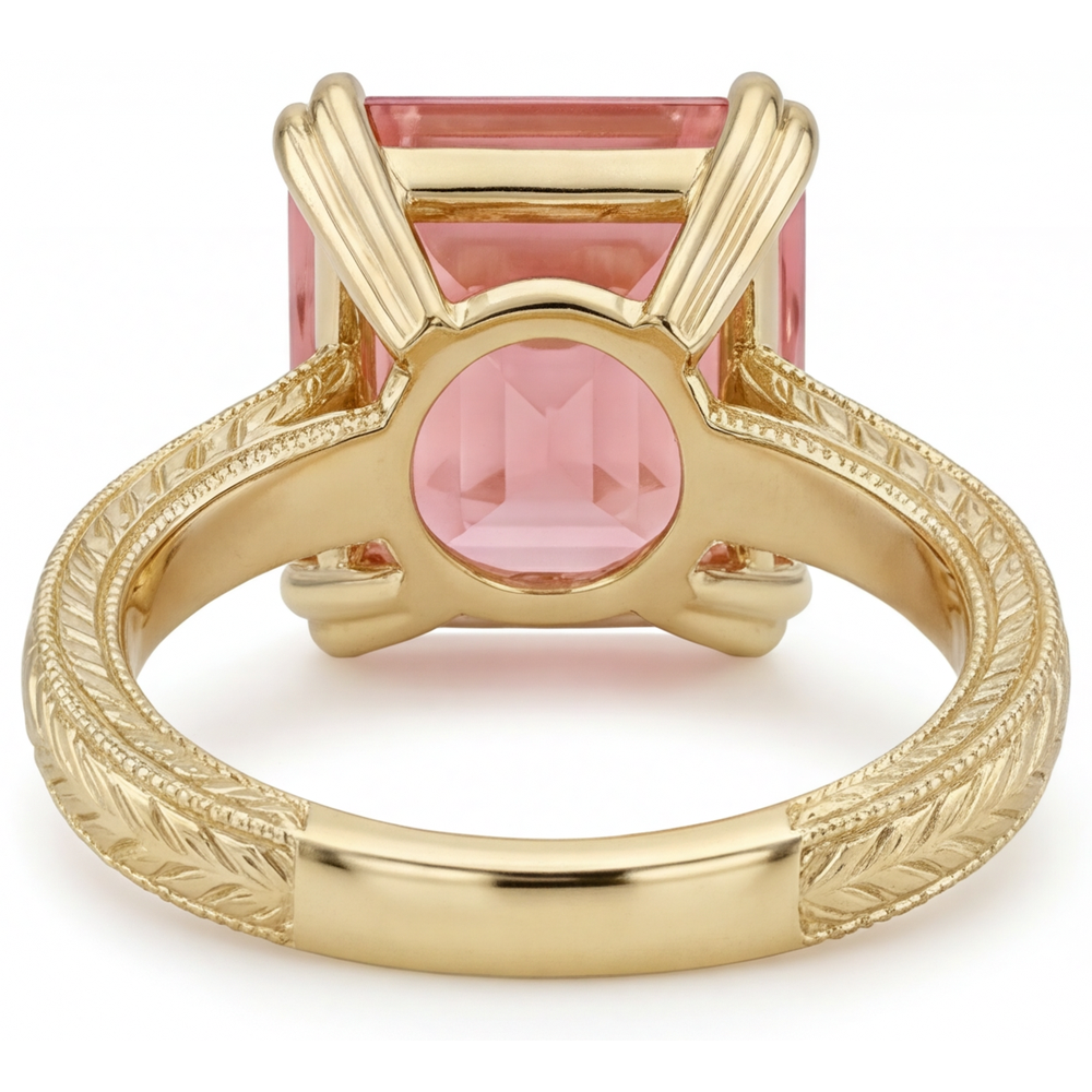 Asscher Padparadscha Solitaire Ring Natural 14K Yellow Gold