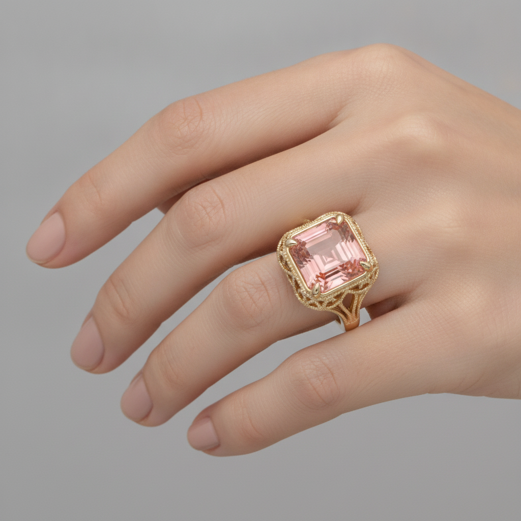 Asscher Padparadscha Solitaire Ring Natural 14K Yellow Gold