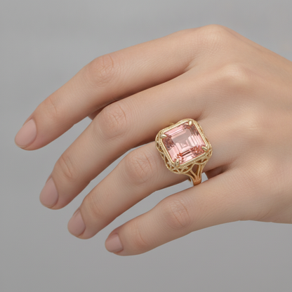 Asscher Padparadscha Solitaire Ring Natural 14K Yellow Gold