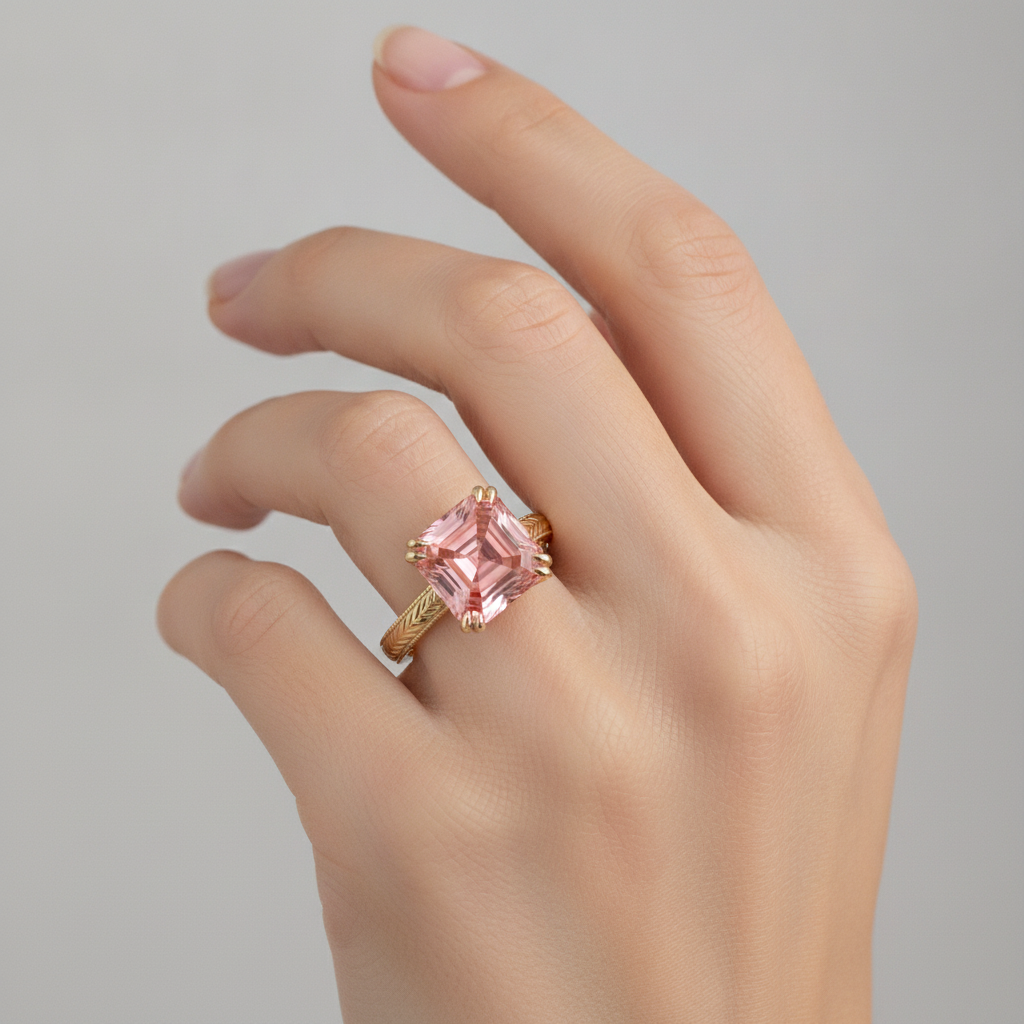 Asscher Padparadscha Solitaire Ring Natural 14K Yellow Gold