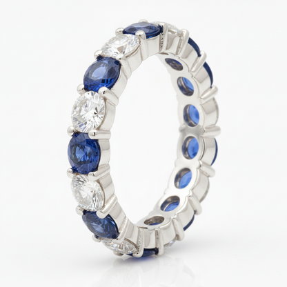 Blue Sapphire and Diamond Band Ring Natural 18K White Gold