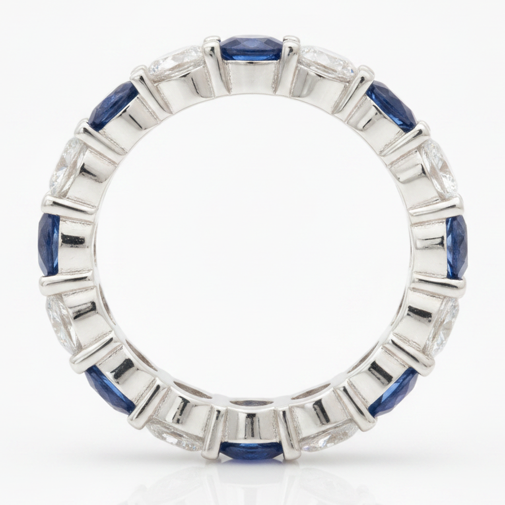 Blue Sapphire and Diamond Band Ring Natural 18K White Gold