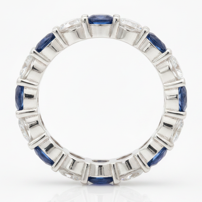 Blue Sapphire and Diamond Band Ring Natural 18K White Gold