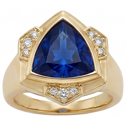 Trilliant Cut Blue Sapphire ring in 14 Karat Yellow Gold – front view