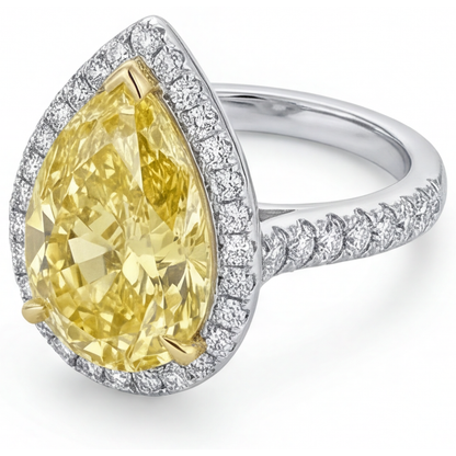 Pear Shape Canary Yellow Diamond ring in 14K Two Tone Gold – angle view