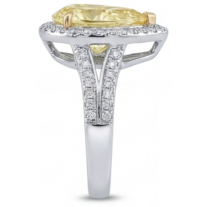 Pear Shape Canary Yellow Diamond ring in 14K Two Tone Gold – back view