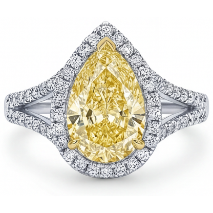 Pear Cut Canary Yellow Diamond ring in Two-Tone 14K Gold – front view