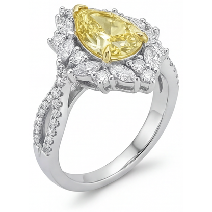 Pear Shape Canary Yellow Diamond ring in 14 Karat Two Tone Gold – angle view