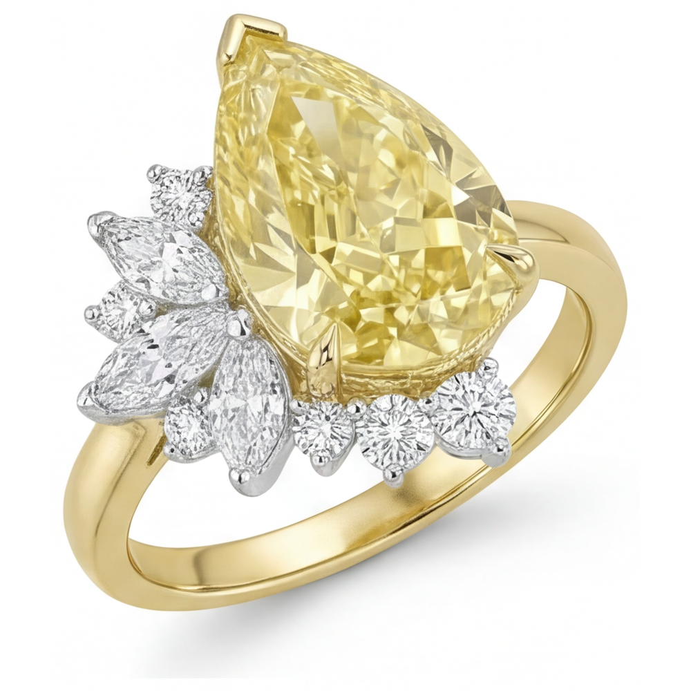 Pear Shape Canary Yellow Diamond ring in 14 Karat Two Tone Gold – angle view