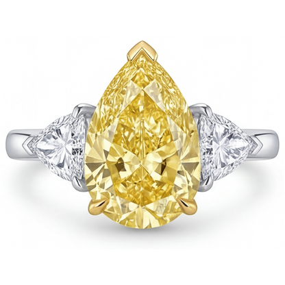 Canary Yellow Diamond Pear Shape Three Stone Ring in 14K Two Tone Gold – main view