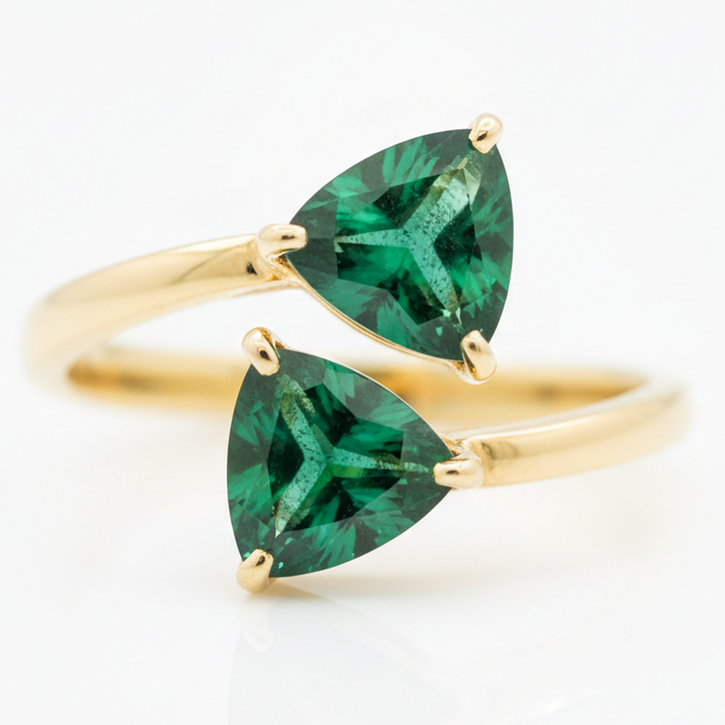 Colombian Emerald Trilliant Two Stone Ring Natural 18K Yellow Gold