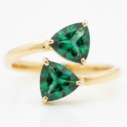 Colombian Emerald Trilliant Two Stone Ring Natural 18K Yellow Gold