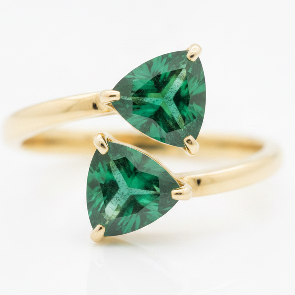 Colombian Emerald Trilliant Two Stone Ring Natural 18K Yellow Gold