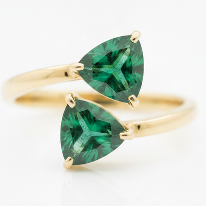 Colombian Emerald Trilliant Two Stone Ring Natural 18K Yellow Gold