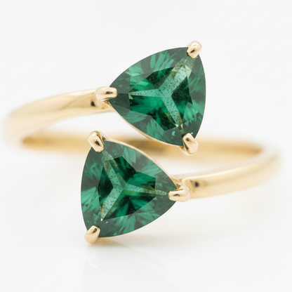 Colombian Emerald Trilliant Two Stone Ring Natural 18K Yellow Gold