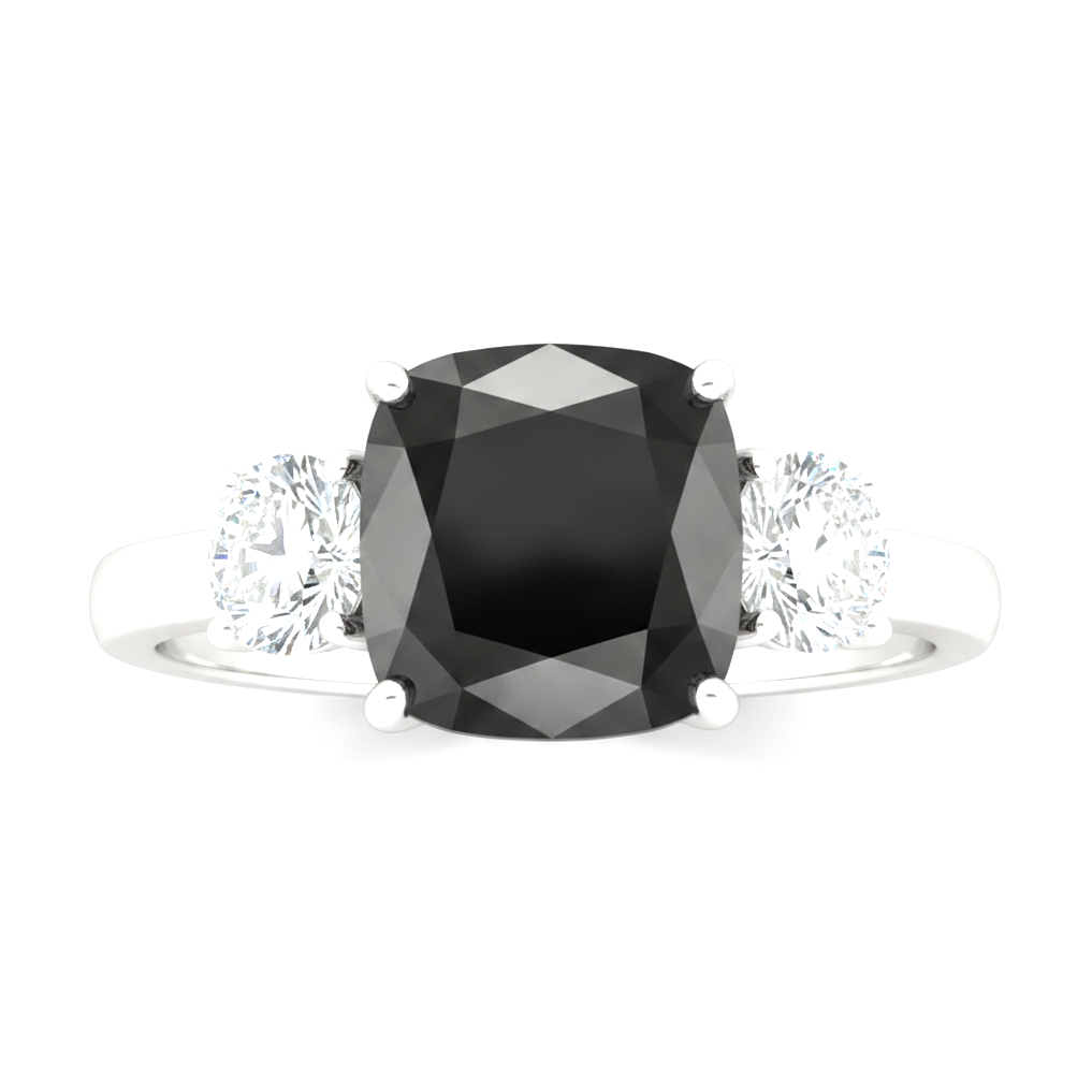 Cushion Black and White Diamond Three Stone Ring Natural 14K White Gold
