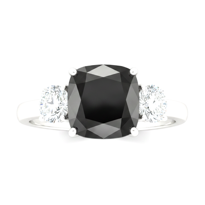 Cushion Black and White Diamond Three Stone Ring Natural 14K White Gold